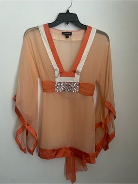 Y2K bebe Peach Sheer V-Neck Kimono Sleeve Blouse Crystal Band Women’s Small